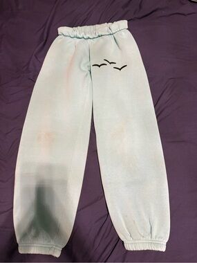 Light Blue Elastic-Waist Sweatpants with Bird Print